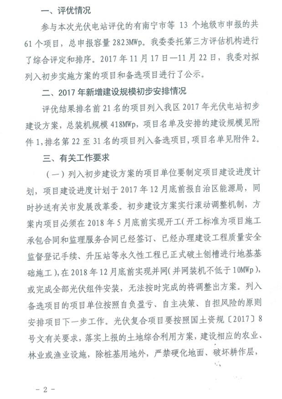 總裝機(jī)規(guī)模418MW 廣西發(fā)改委發(fā)布2017年普通光伏電站新增建設(shè)規(guī)模初步安排